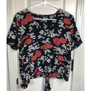 Madewell Womens Small Floral Vneck Short Sleeve Tie Bottom Blouse